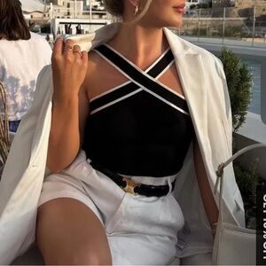 Commense Black and White Contrast Trim Strap Knit Top- NWT